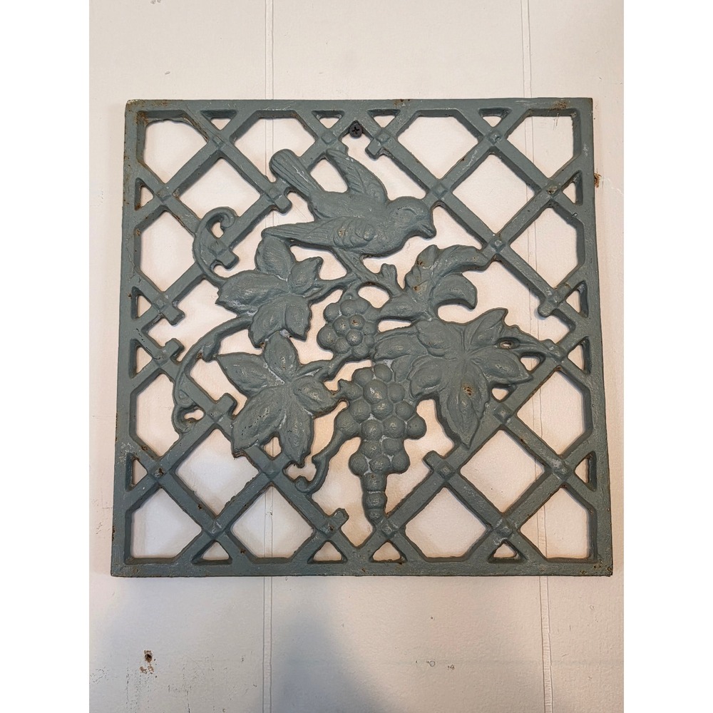 Vintage Cast Iron Bird and Grapes Lattice Wall Plaque Blue Grey Garden Decor